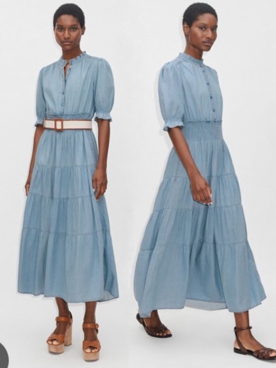 ME+EM Dresses & Skirts - ME+EM Chambray Blue Shirred Cotton Maxi Shirt Dress Size 8